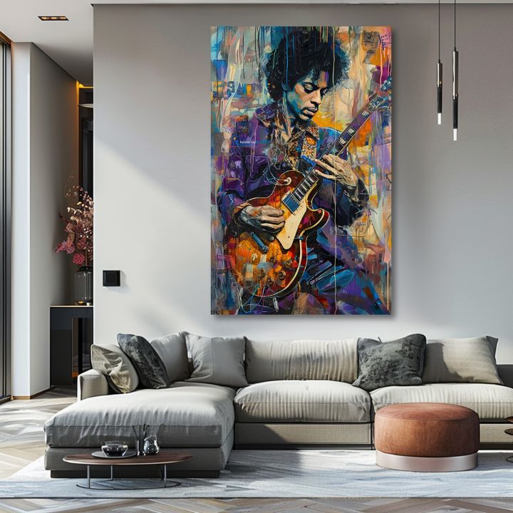 Moderan slika na platnu s motivom Jimi Hendrix - Gitara v plameňoch u ljubičasto-bijelih nijansama, energična atmosfera, kreativnost | Slika Jimi Hendrix - Gitara v plameňoch – proizvod
