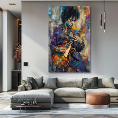 Moderan slika na platnu s motivom Jimi Hendrix - Gitara v plameňoch u ljubičasto-bijelih nijansama, energična atmosfera, kreativnost | Slika Jimi Hendrix - Gitara v plameňoch – proizvod