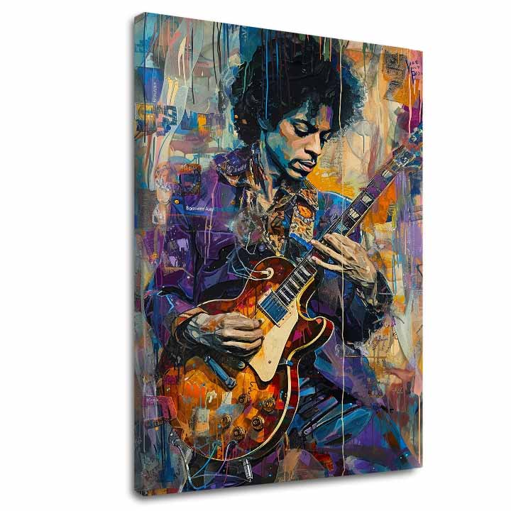 Moderan slika na platnu s motivom Jimi Hendrix - Gitara v plameňoch u ljubičasto-bijelih nijansama, energična atmosfera, kreativnost | Slika Jimi Hendrix - Gitara v plameňoch – glavna