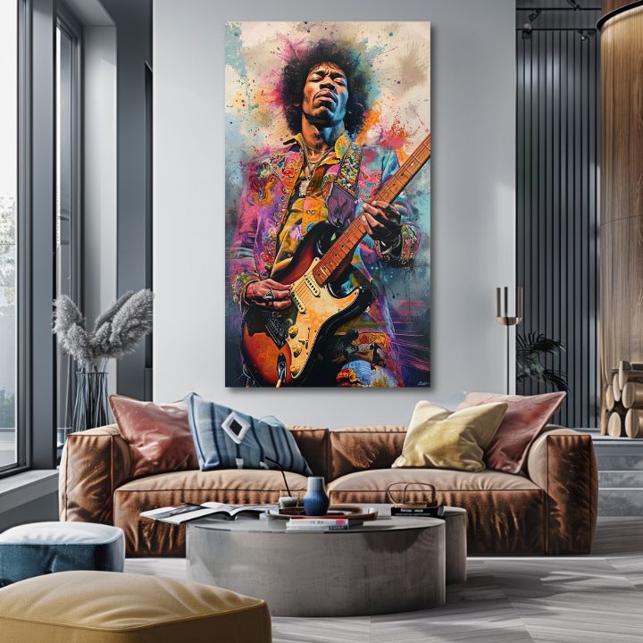 Moderan slika na platnu s motivom Jimi Hendrix - Ohnivé tóny u crno-žutih nijansama, energična atmosfera, rock and roll i kreativnost | Slika Jimi Hendrix - Ohnivé tóny – proizvod