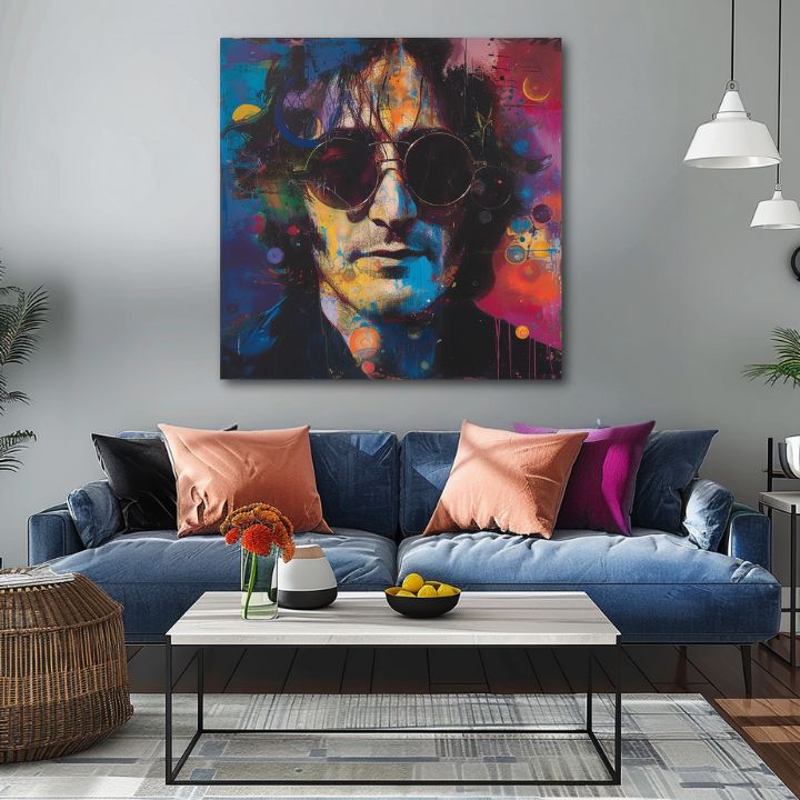 Moderan slika na platnu s motivom John Lennon - Farebné predstavy u plavo-crnih nijansama, energična atmosfera, rock and roll i pop kultura – proizvod, pogled 2