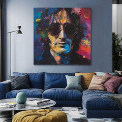 Moderan slika na platnu s motivom John Lennon - Farebné predstavy u plavo-crnih nijansama, energična atmosfera, rock and roll i pop kultura – proizvod