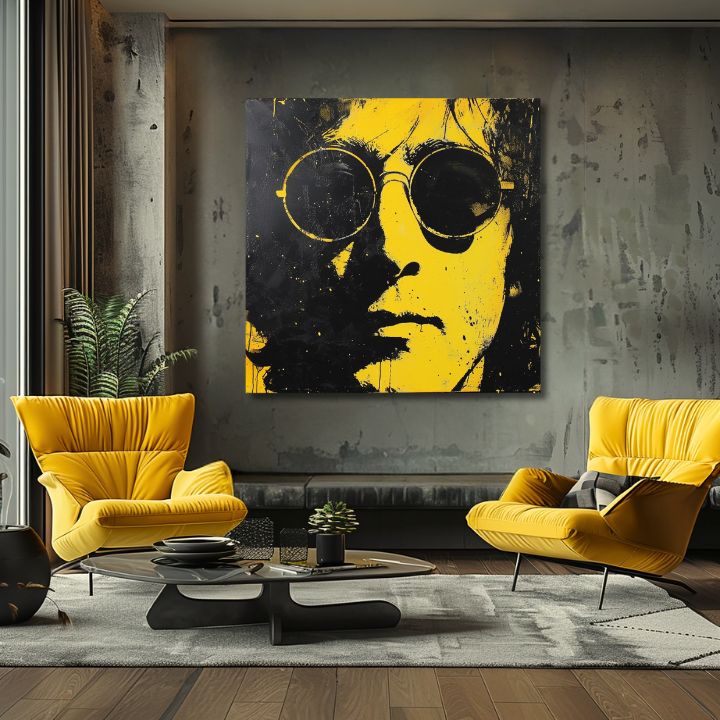 Moderan slika na platnu s motivom John Lennon - Žltý odraz reality u crno-žutih nijansama, odvažna atmosfera, ikonografija | Slika John Lennon - Žltý odraz reality – proizvod
