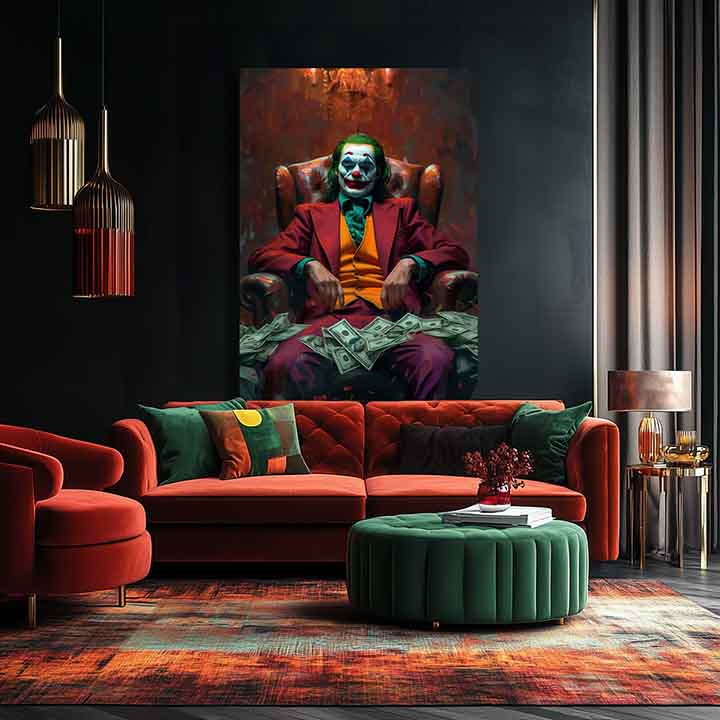 Moderan slika na platnu s motivom Joker: Pán chaosu u zeleno-zlatnih nijansama, intenzivna atmosfera, snaga i moć | Slika Joker: Pán chaosu – proizvod