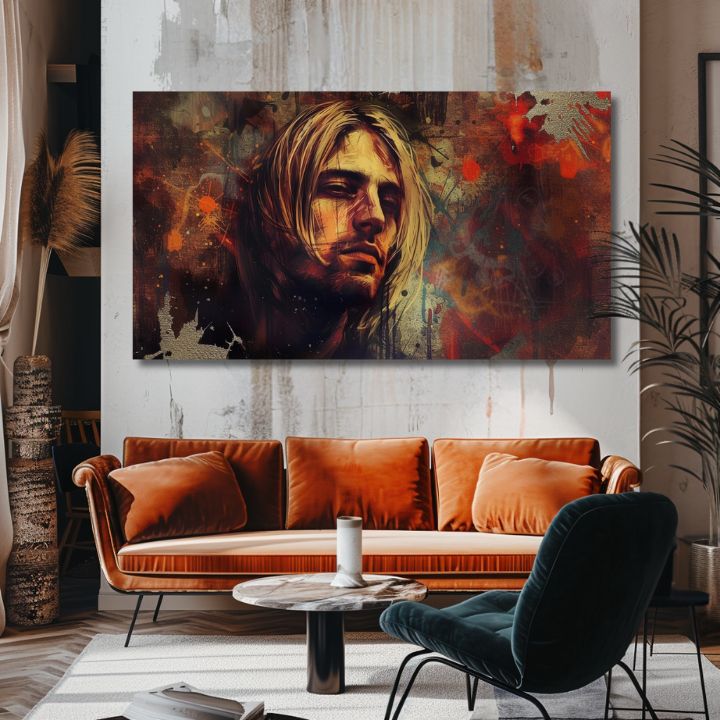 Moderan slika na platnu s motivom Kurt Cobain - V srdci grunge u smeđe-zlatnih nijansama, melanholična atmosfera, rock and roll | Slika Kurt Cobain - V srdci grunge – proizvod