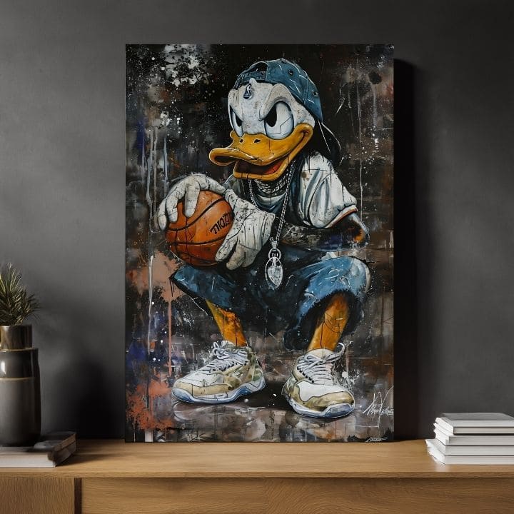 Moderan slika na platnu s motivom LeBron Duck na platnu u bijelih nijansama, urbana atmosfera, pop kultura i nostalgija | Slika LeBron Duck na platnu – proizvod, pogled 2
