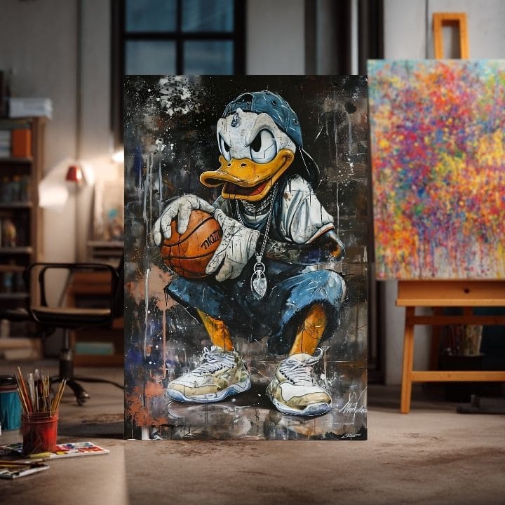 Moderan slika na platnu s motivom LeBron Duck na platnu u bijelih nijansama, urbana atmosfera, pop kultura i nostalgija | Slika LeBron Duck na platnu – proizvod, pogled 3