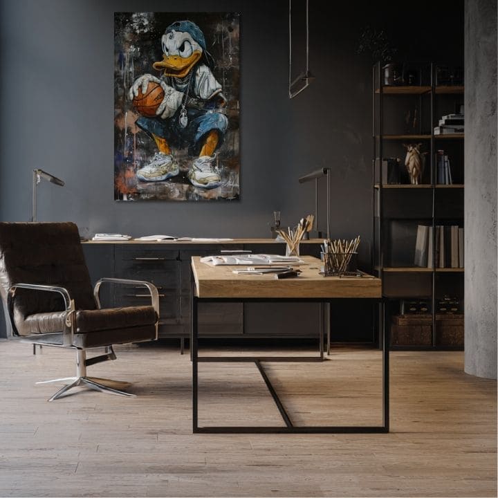 Moderan slika na platnu s motivom LeBron Duck na platnu u bijelih nijansama, urbana atmosfera, pop kultura i nostalgija | Slika LeBron Duck na platnu – proizvod