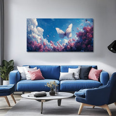 Moderan slika na platnu s motivom Leptira v Oblakoch Slobody, leptir, cvijeće, nebo, oblaci, sanjiva atmosfera, priroda i proljetna atmosfera | Slika Leptira v Oblakoch Slobody – proizvod, pogled 2