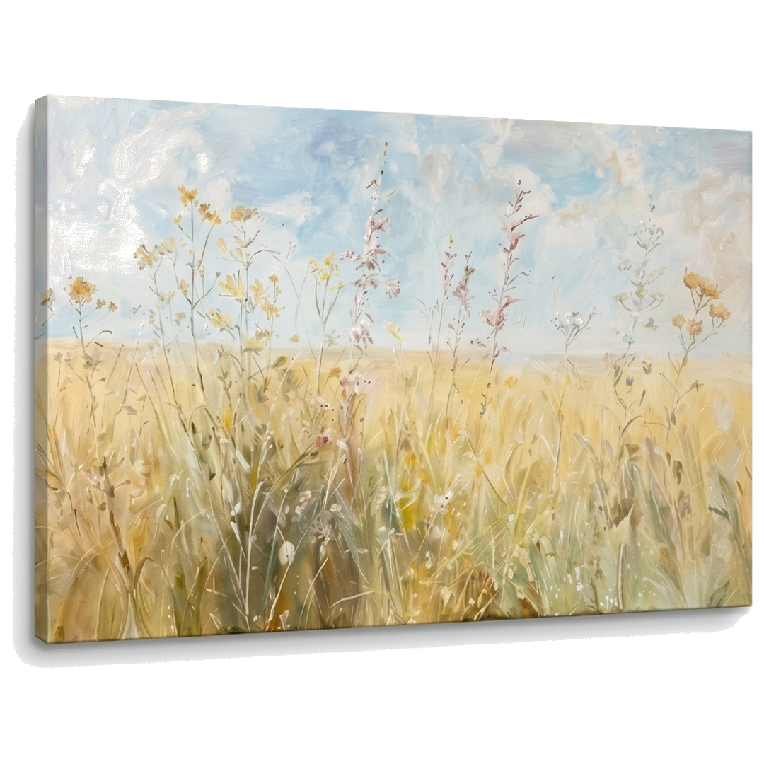 Slika letnja livada sa divljim cvećem na platnu – 3D vizuelizacija canvasa sa vidljivim drvenim ramom, Papilora Premium Art.