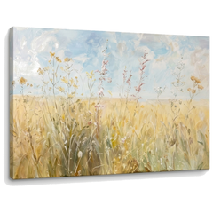 Slika letnja livada sa divljim cvećem na platnu – 3D vizuelizacija canvasa sa vidljivim drvenim ramom, Papilora Premium Art.