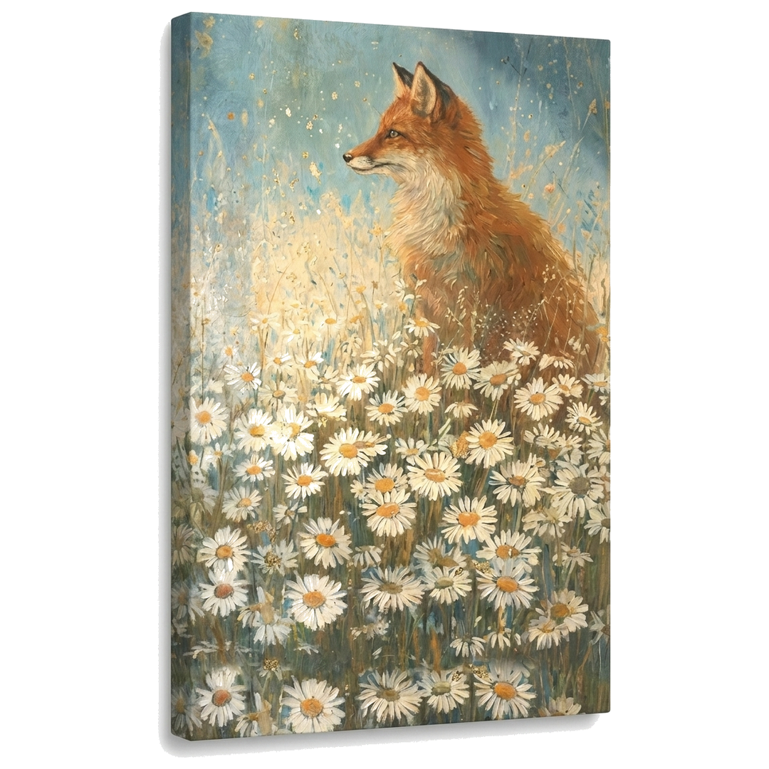 Slika riđe lisice u polju margareta na platnu — 3D vizualizacija sa vidljivim drvenim ramom, Papilora Premium Art.