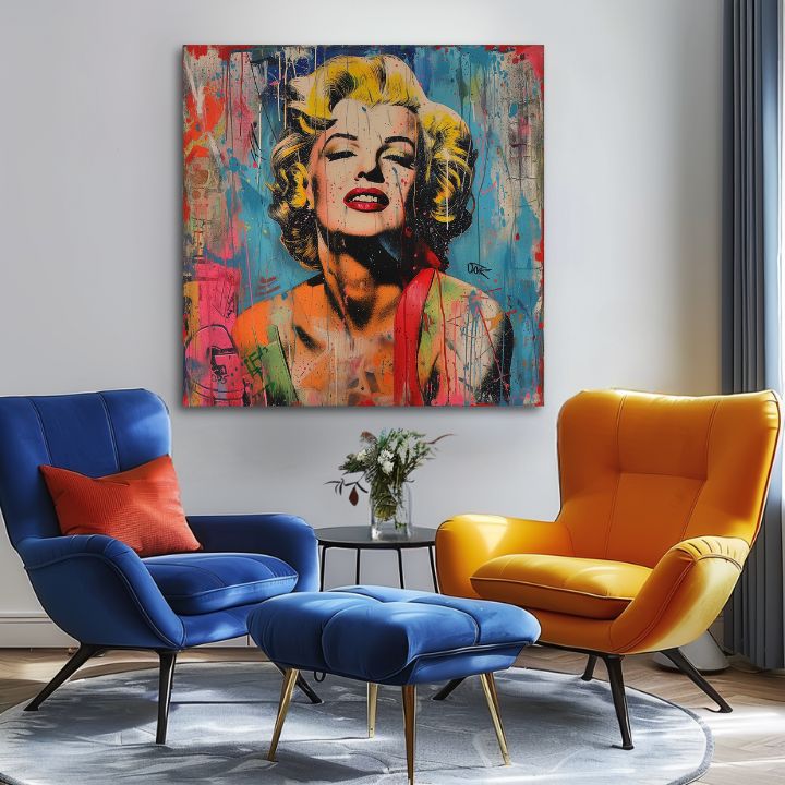Moderan slika na platnu s motivom Marilyn Monroe - Rebelka vo farbách u žuto-crvenih nijansama, energična atmosfera, slava i ikonografija | Slika Marilyn Monroe - Rebelka vo farbách – pr..., pogled 2