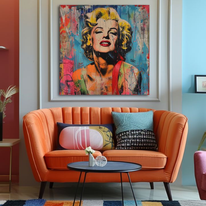 Moderan slika na platnu s motivom Marilyn Monroe - Rebelka vo farbách u žuto-crvenih nijansama, energična atmosfera, slava i ikonografija | Slika Marilyn Monroe - Rebelka vo farbách – proizvod