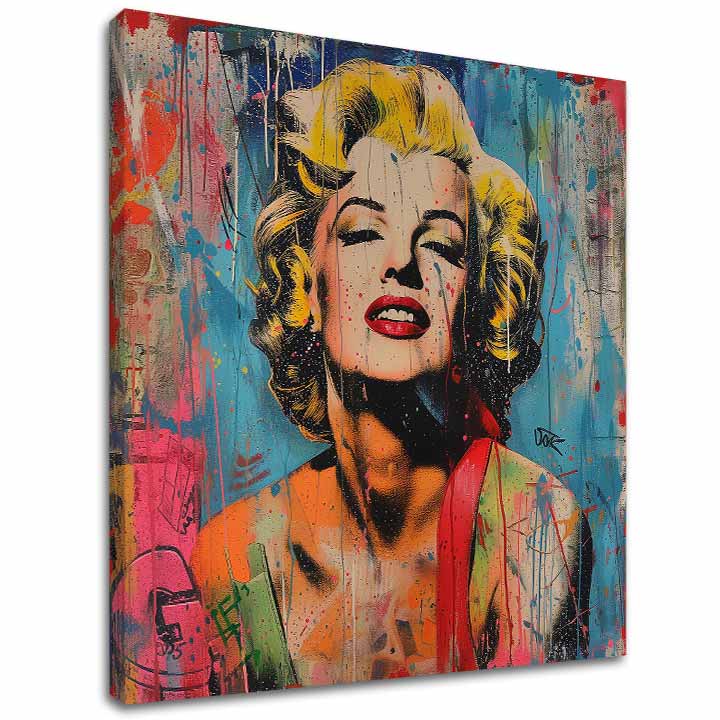 Moderan slika na platnu s motivom Marilyn Monroe - Rebelka vo farbách u žuto-crvenih nijansama, energična atmosfera, slava i ikonografija | Slika Marilyn Monroe - Rebelka vo farbách – glavna