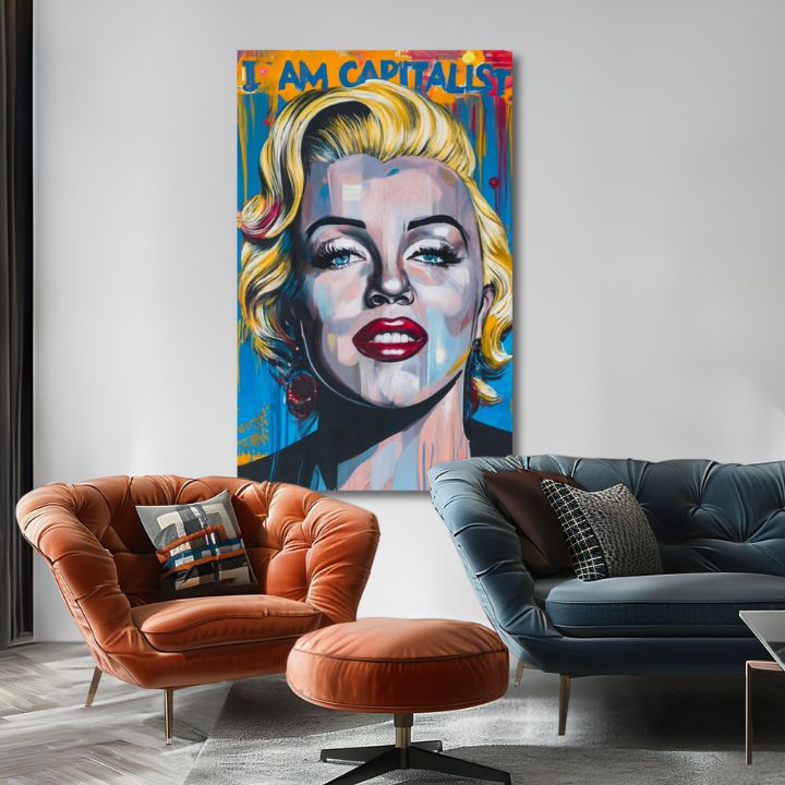 Moderan slika na platnu s motivom Marilyn Monroe - Kapitalistický šarm u zlatno-crvenih nijansama, odvažna atmosfera, slava | Slika Marilyn Monroe - Kapitalistický šarm – proizvod, pogled 2
