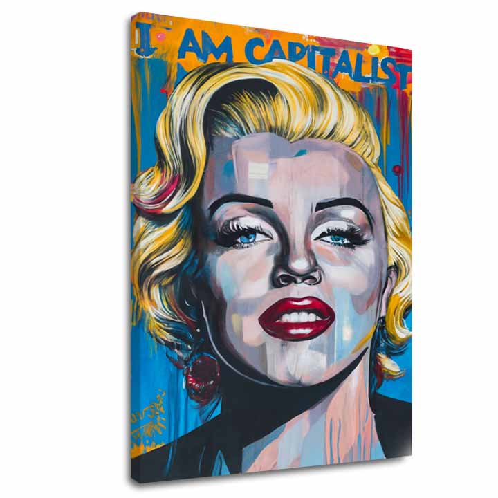 Moderan slika na platnu s motivom Marilyn Monroe - Kapitalistický šarm u zlatno-crvenih nijansama, odvažna atmosfera, slava | Slika Marilyn Monroe - Kapitalistický šarm – glavna