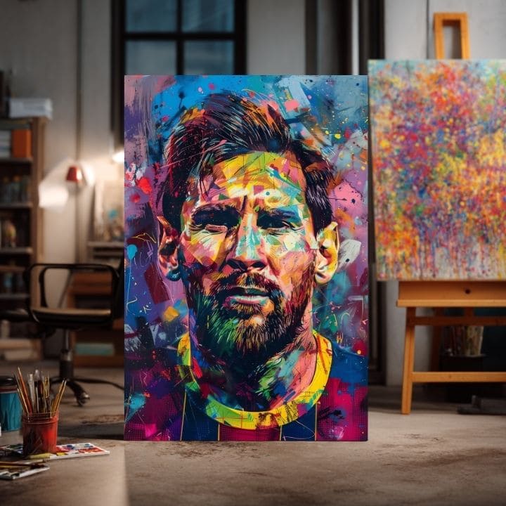 Moderan slika na platnu s motivom Messi Vibes na platnu u žuto-ljubičastih nijansama, energična atmosfera, slava | Slika Messi Vibes na platnu – proizvod