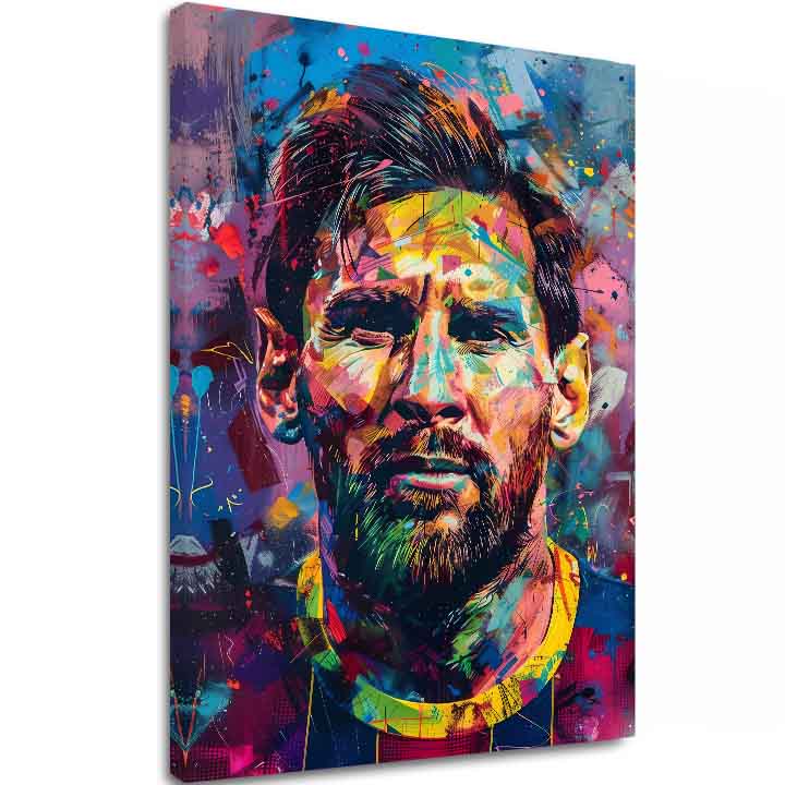 Moderan slika na platnu s motivom Messi Vibes na platnu u žuto-ljubičastih nijansama, energična atmosfera, slava | Slika Messi Vibes na platnu – glavna