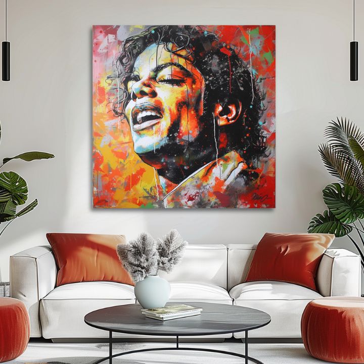 Moderan slika na platnu s motivom Michael Jackson - Hlas generácií u crveno-zlatnih nijansama, energična atmosfera | Slika Michael Jackson - Hlas generácií – proizvod