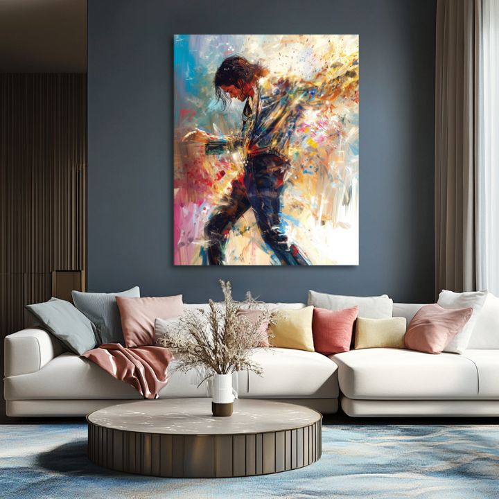 Moderan slika na platnu s motivom Michael Jackson - Tanečná energija, plesačica u bijelo-plavih nijansama, energična atmosfera | Slika Michael Jackson - Tanečná energija – proizvod