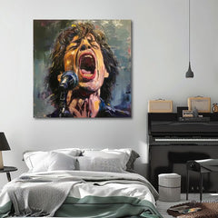 Moderan slika na platnu s motivom Mick Jagger - Legenda na pódiu, mikrofon u crvenih nijansama, strastvena atmosfera, strast | Slika Mick Jagger - Legenda na pódiu – proizvod, pogled 2