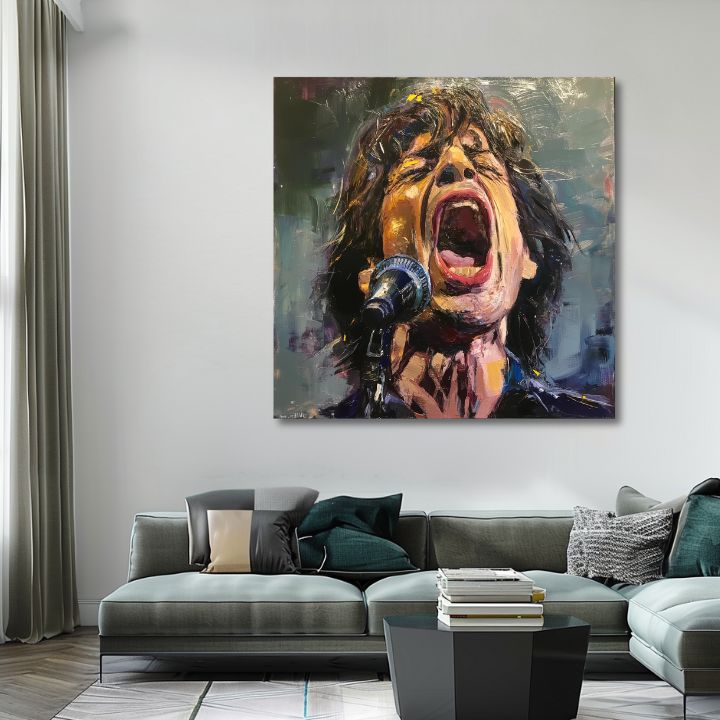 Moderan slika na platnu s motivom Mick Jagger - Legenda na pódiu, mikrofon u crvenih nijansama, strastvena atmosfera, strast | Slika Mick Jagger - Legenda na pódiu – proizvod