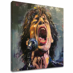 Moderan slika na platnu s motivom Mick Jagger - Legenda na pódiu, mikrofon u crvenih nijansama, strastvena atmosfera, strast | Slika Mick Jagger - Legenda na pódiu – glavna
