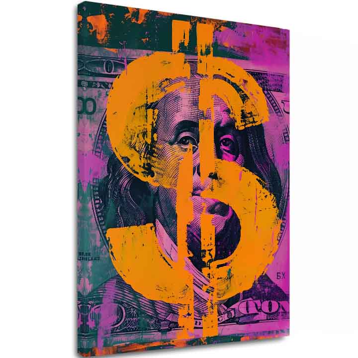 Moderan slika na platnu s motivom Money Benjamin na platnu u narandžasto-tirkiznih nijansama, odvažna atmosfera | Slika Money Benjamin na platnu – glavna