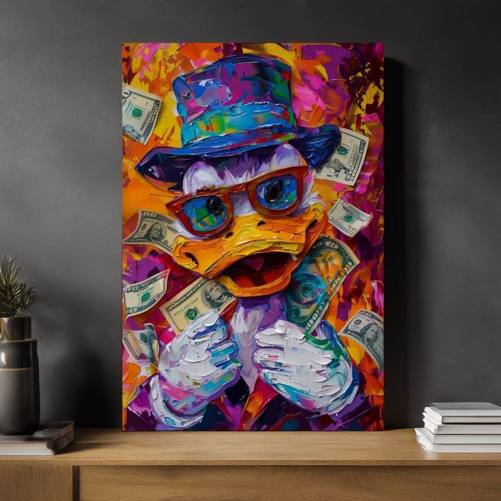 Moderan slika na platnu s motivom Money Duck, naočale u narandžasto-ljubičastih nijansama, energična atmosfera, pop kultura | Slika Money Duck – proizvod, pogled 3