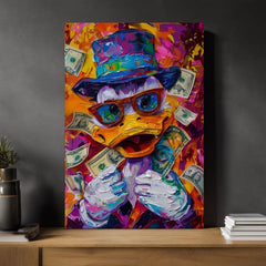 Moderan slika na platnu s motivom Money Duck, naočale u narandžasto-ljubičastih nijansama, energična atmosfera, pop kultura | Slika Money Duck – proizvod, pogled 3