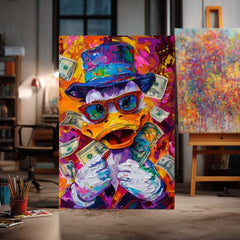 Moderan slika na platnu s motivom Money Duck, naočale u narandžasto-ljubičastih nijansama, energična atmosfera, pop kultura | Slika Money Duck – proizvod