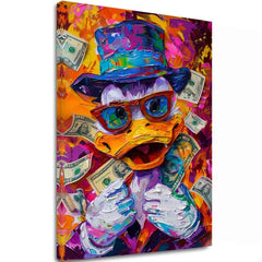 Moderan slika na platnu s motivom Money Duck, naočale u narandžasto-ljubičastih nijansama, energična atmosfera, pop kultura | Slika Money Duck – glavna