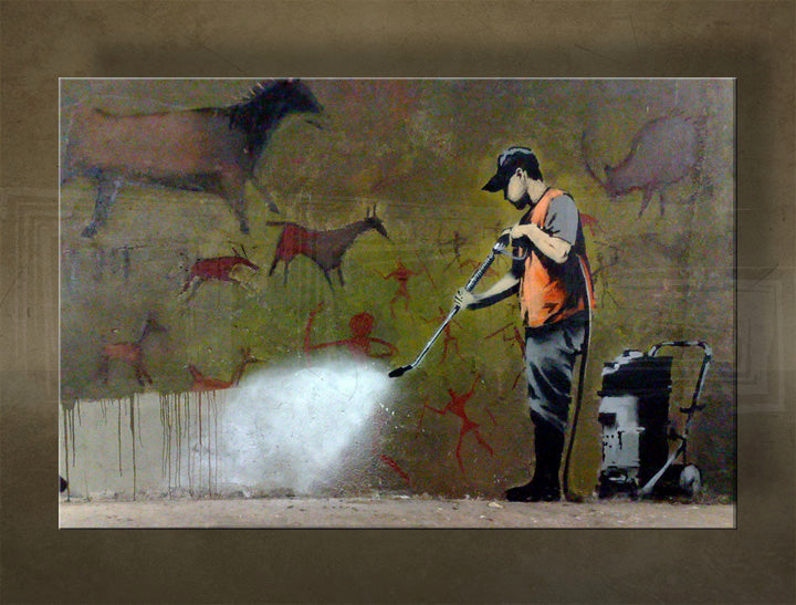U boho stilu slika na platnu s motivom Street ART – Banksy, pejzaž, more i plaža u ljubičasto-plavih nijansama, višedijelna izvedba, pogodan za dnevnog boravka – glavna