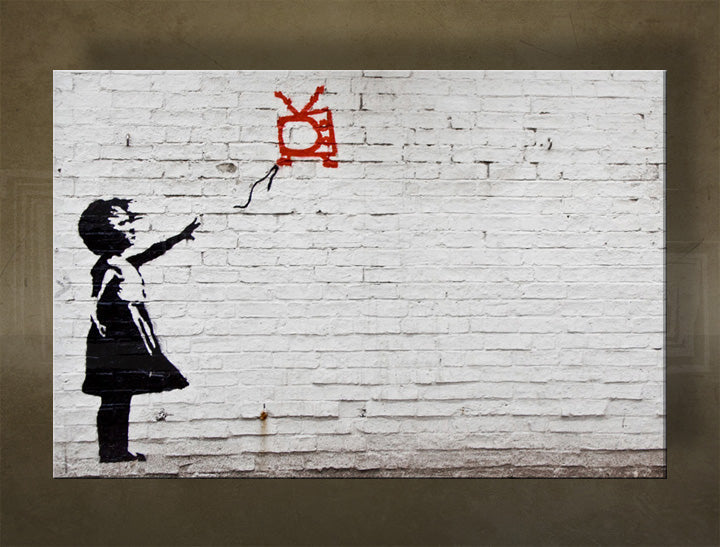 Klasičan slika na platnu s motivom Street ART – Banksy, balon, pejzaž, more i plaža u ljubičasto-plavih nijansama, melanholična atmosfera, višedijelna izvedba – glavna