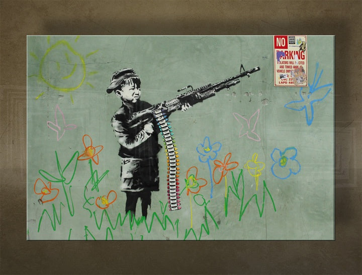 U boho stilu slika na platnu s motivom Street ART – Banksy, dijete, grafiti, cvijeće, sunce u ljubičasto-plavih nijansama, djetinjstvo, višedijelna izvedba – glavna