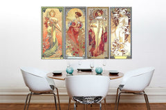 Vintage slika na platnu s motivom ŠTYRI ROČNÉ OBDOBIA 120x70 cm – Alfons Mucha, mapa u zeleno-zlatnih nijansama okačena u enterijeru kuhinje – enterijer