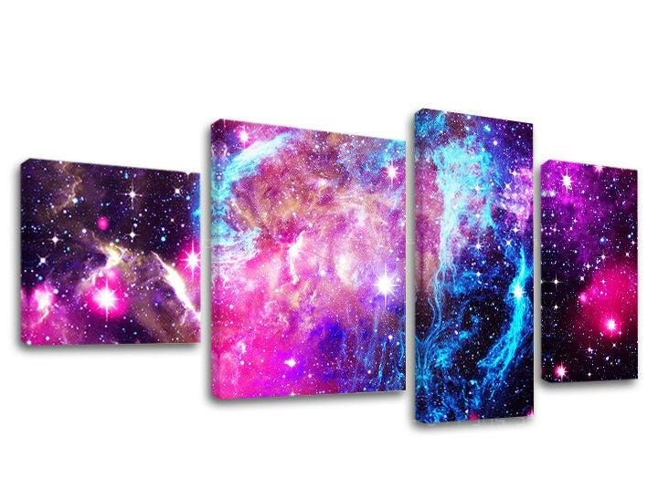 Pop art slika na platnu s motivom zvijezde, galaksija, mapa, svemir u bijelo-ljubičastih nijansama, eterična atmosfera, snovi, višedijelna izvedba – glavna