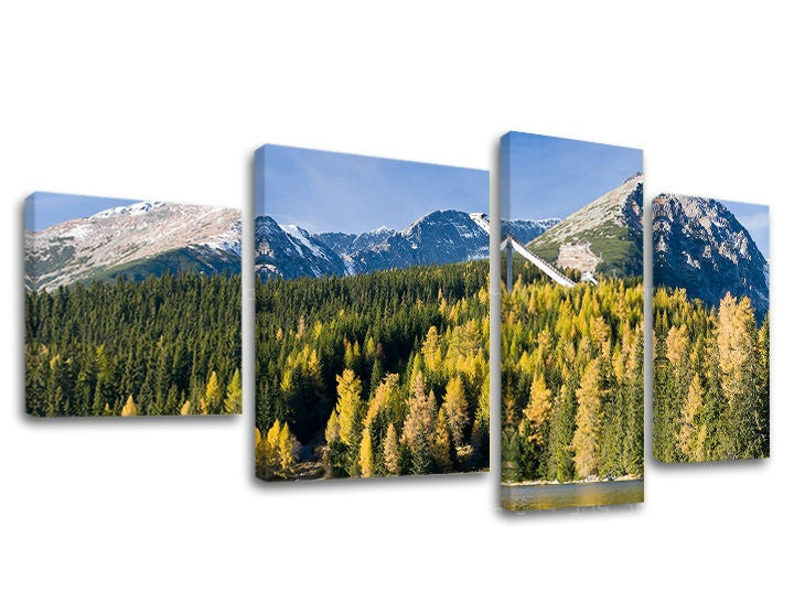 Klasičan slika na platnu s motivom SLOVAČKA, planine, šuma, drveće, snijeg u bijelo-plavih nijansama, mirna atmosfera, priroda i avantura, trodijelna izvedba – glavna