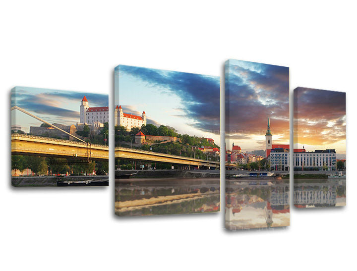 Klasičan slika na platnu s motivom SLOVAČKA, zalazak sunca, pejzaž, priroda, slovački motiv u bijelo-plavih nijansama, mirna atmosfera, višedijelna izvedba – glavna