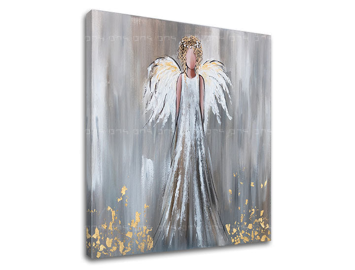 Art deko slika na platnu s motivom anđeo, figura, religiozni motiv, priroda u bijelo-sivih nijansama, mirna atmosfera, duhovnost, pogodan za dnevnog boravka – proizvod