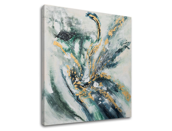 U boho stilu slika na platnu s motivom potezi četkom u bijelo-plavih nijansama, eterična atmosfera, priroda i rast i razvoj, pogodan za dnevnog boravka – glavna