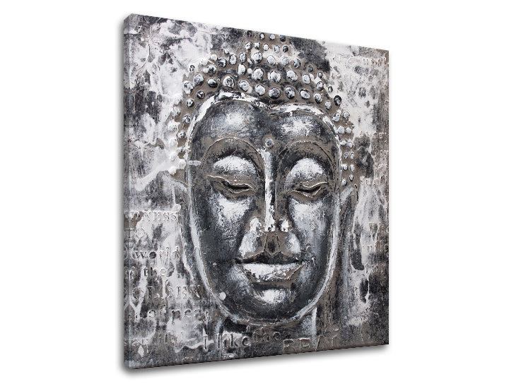 Industrijski slika na platnu s motivom BUDHA, Buddha u bijelo-sivih nijansama, mirna atmosfera, vnútorný mier, pogodan za spavaće sobe | Slika na platnu BUDHA – proizvod