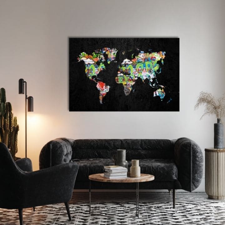 Moderan slika na platnu s motivom Motýlia Harmonija - Čierno-zlatý Dizajn, mapa svijeta u crnih nijansama, energična atmosfera | Slika na platnu Motýlia Harmonija - Čierno-zlatý Dizajn – p..., pogled 3
