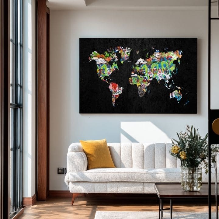Moderan slika na platnu s motivom Motýlia Harmonija - Čierno-zlatý Dizajn, mapa svijeta u crnih nijansama, energična atmosfera | Slika na platnu Motýlia Harmonija - Čierno-zlatý Dizajn – p..., pogled 2