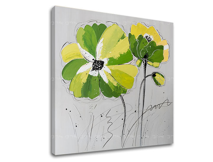 Pop art slika na platnu s motivom cvijeće, makovi, dječji motiv, priroda u bijelo-sivih nijansama, vesela atmosfera, priroda i proljetna atmosfera, pogodan za dnevnog boravka – glavna