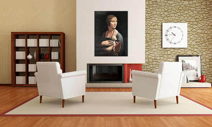 Vintage slika na platnu s motivom DÁMA S HRANOSTAJOM – Leonardo da Vinci, pejzaž, religiozni motiv, priroda, životinja okačena u enterijeru dnevnog boravka – enterijer