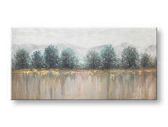 Art deko slika na platnu s motivom drveće, planine, pejzaž, priroda u bijelo-bežih nijansama, mirna atmosfera, priroda i razmišljanje, pogodan za kancelarije – glavna