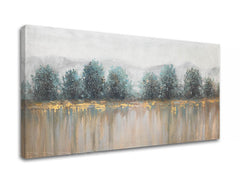 Art deko slika na platnu s motivom drveće, planine, pejzaž, priroda u bijelo-bežih nijansama, mirna atmosfera, priroda i razmišljanje, pogodan za kancelarije – proizvod
