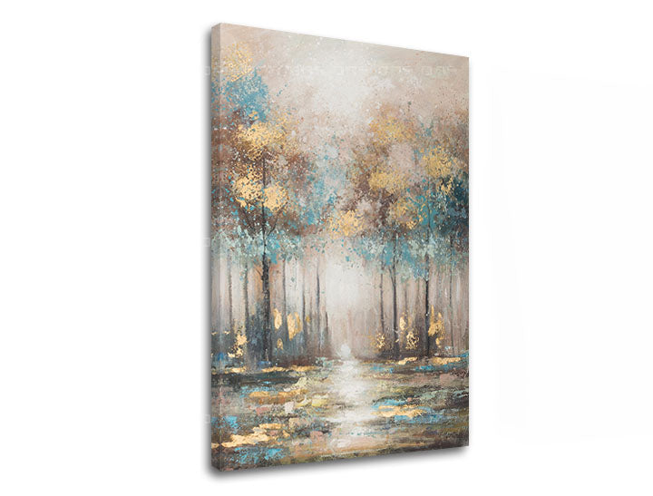 Art deko slika na platnu s motivom drveće, šuma, stazica, izmaglica, pejzaž u smeđe-plavih nijansama, mirna atmosfera, priroda i samoća, pogodan za spavaće sobe – glavna